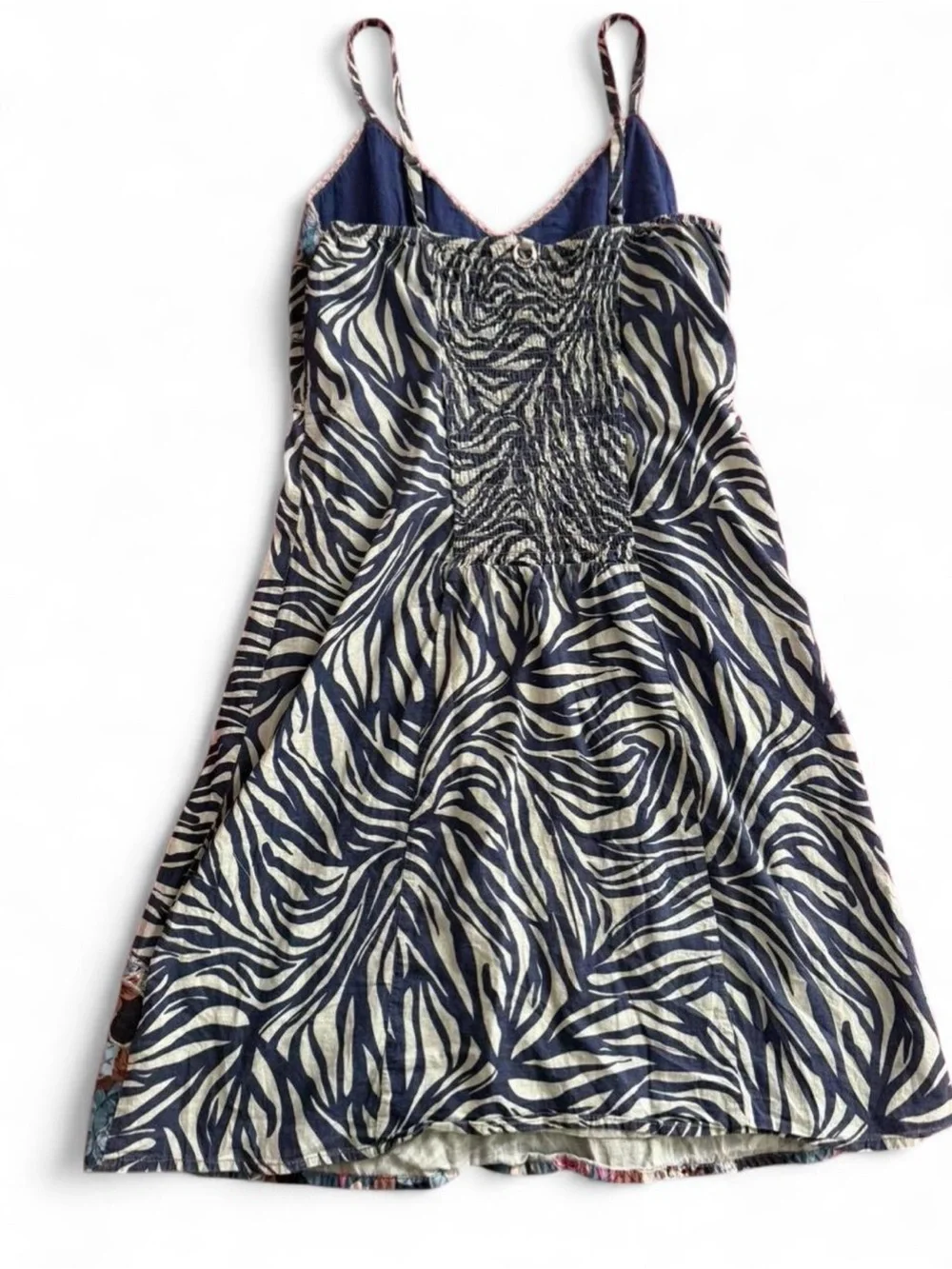 Floral Trim Zebra Print Spaghetti Strap Dress - Navy/White